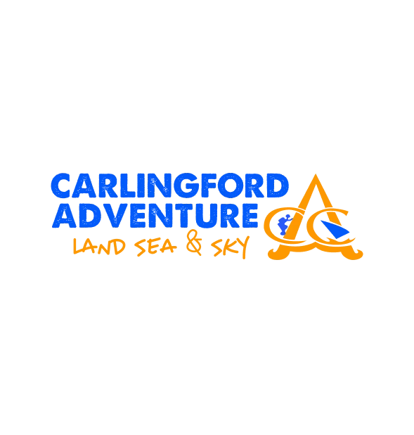 Carlingford Adventure Logo_2x Carlingford Adventure logo with “CARLINGFORD ADVENTURE” in blue above “LAND SEA & SKY” in orange. Right side features an orange stylised “A” with icons of a hiker, kayaker, and zip-liner inside.