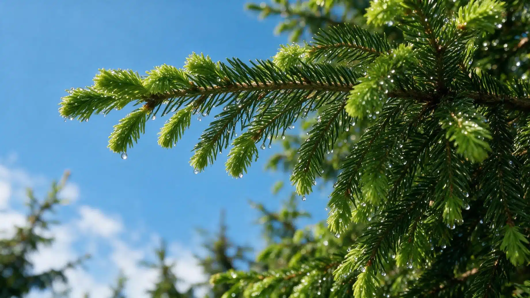 A close-up of a green pine tree branch with water droplets, set against a bright blue sky with some scattered clouds.
