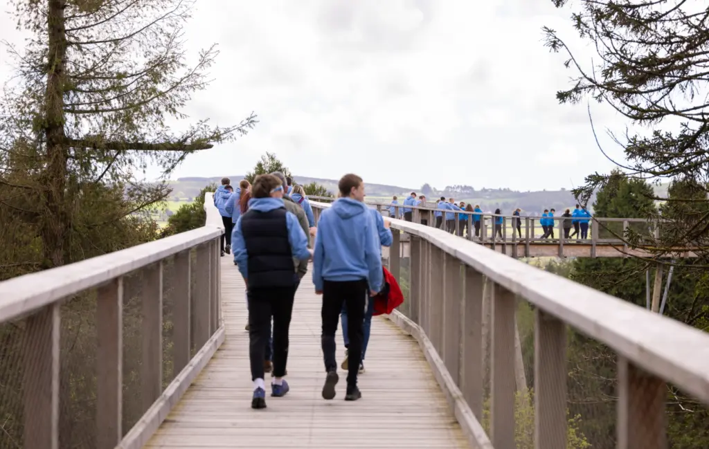 avondale school visit - camera -49 1_2x People walk on a wooden bridge surrounded by trees. Most are wearing blue jackets or hoodies, and a group stands together in the background, looking at the scenery. The sky is cloudy.