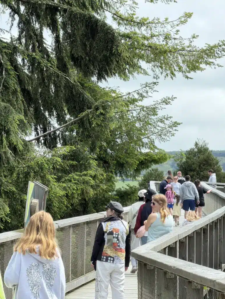 img_0393 1_2x People walk along a wooden walkway lined with trees. Some wear casual clothes and hats. The scene is outdoors on a cloudy day, with greenery visible in the background.