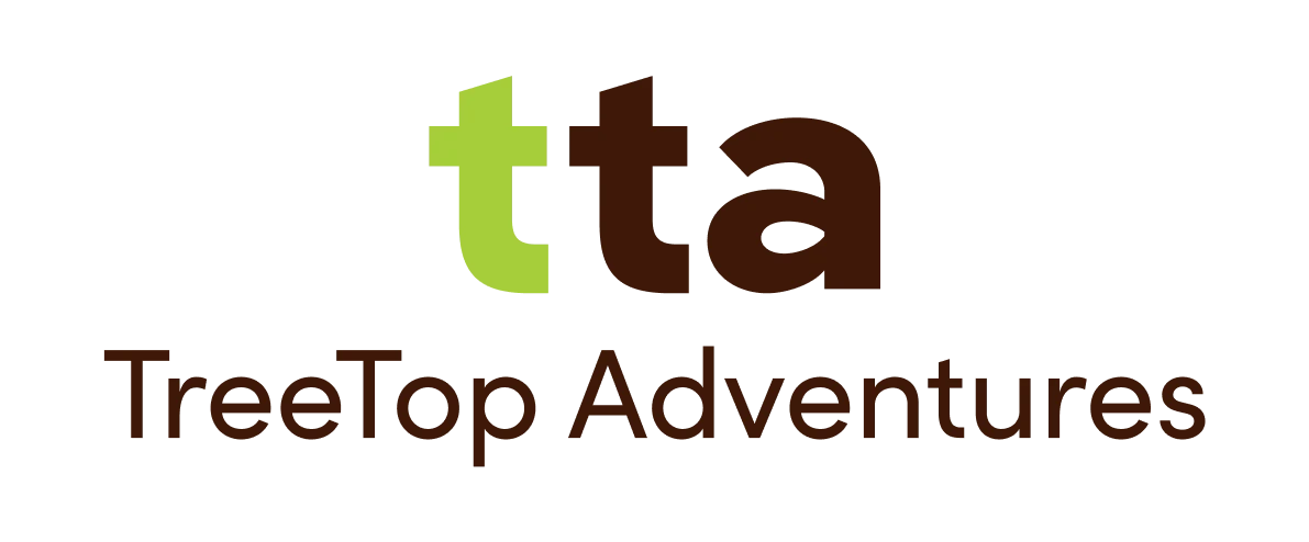 The TreeTop Adventures logo with “tta” above the words “TreeTop Adventures.” The first “t” is light green, and the rest of the text is dark brown on a light grey background.