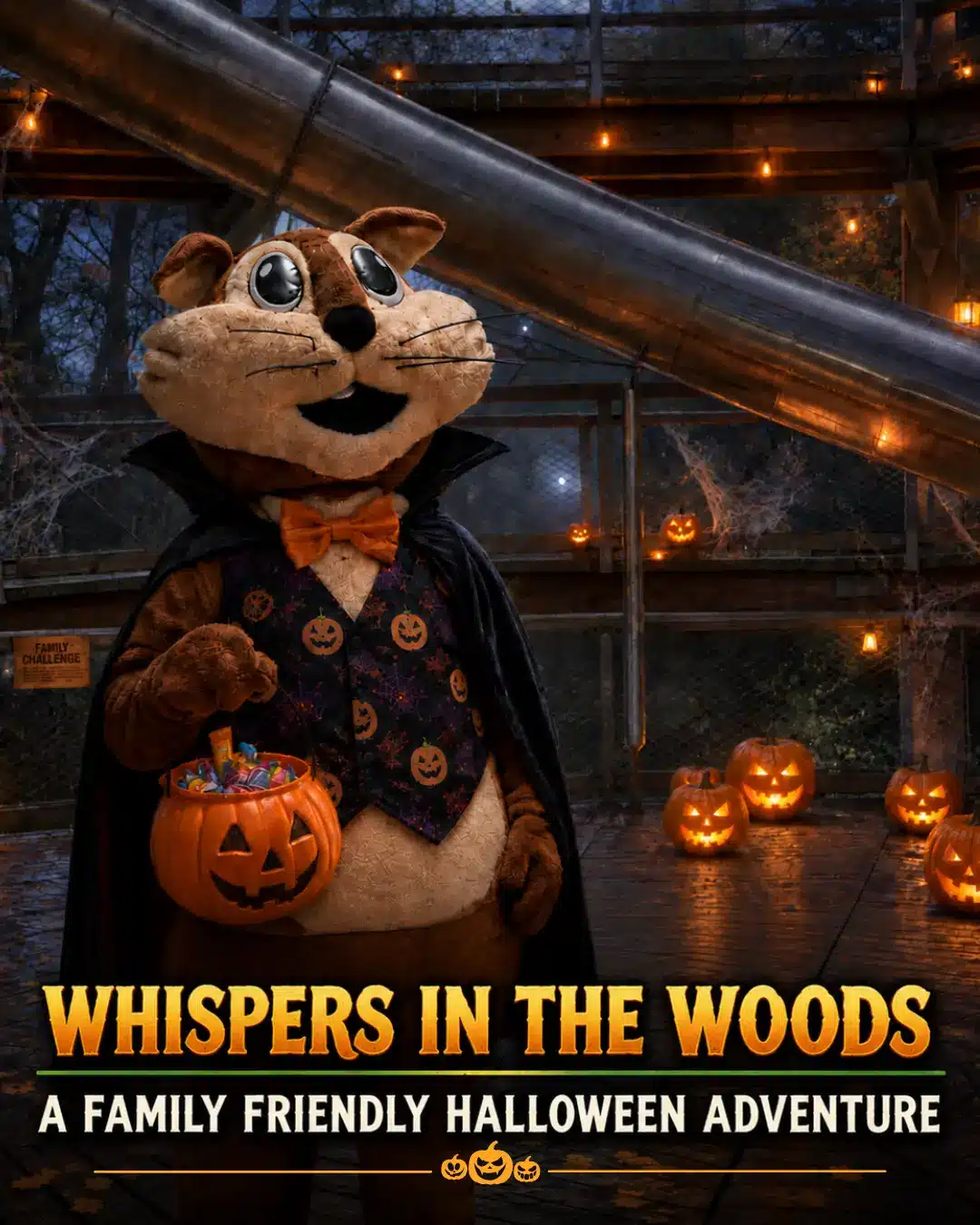 A chipmunk mascot in a vampire costume holds a pumpkin bucket of sweets in a room lit by jack-o’-lanterns. Text: “Whispers in the Woods: A Family Friendly Hallowe’en Adventure.”.