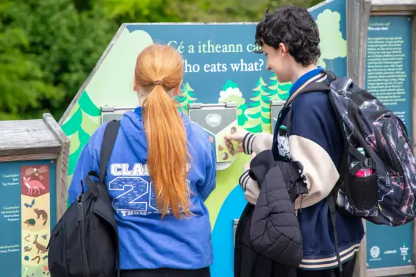 UL3A8883 1_2x Two young people interact with an educational outdoor display titled “Who eats what?” featuring illustrated animals and trees, with greenery visible in the background.