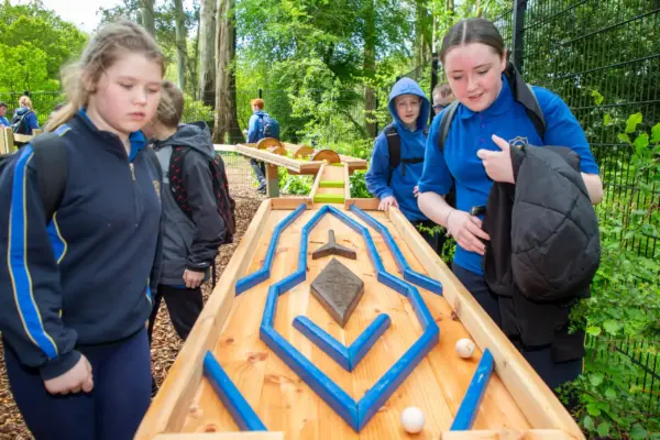 UL3A8968 1_2x Children in blue uniforms play with a wooden marble maze game outdoors, surrounded by trees and greenery. Some are watching, whilst others are actively participating in the activity.